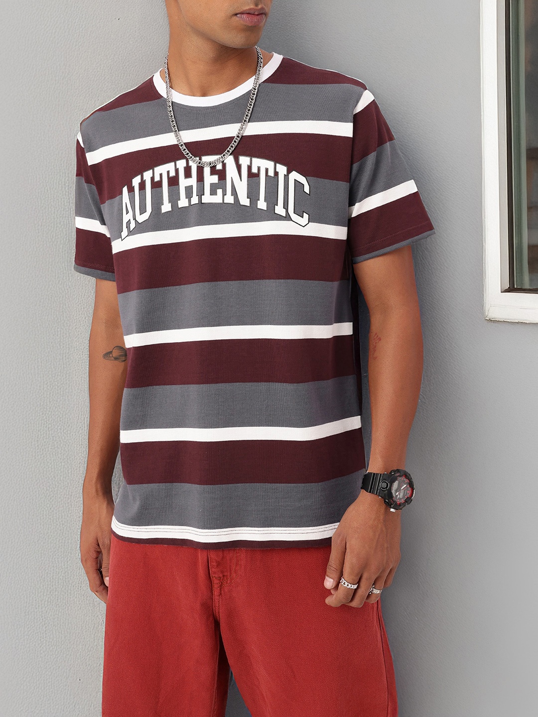 

Kook N Keech Street Striped Authentic Relaxed Fit T-shirt, Burgundy