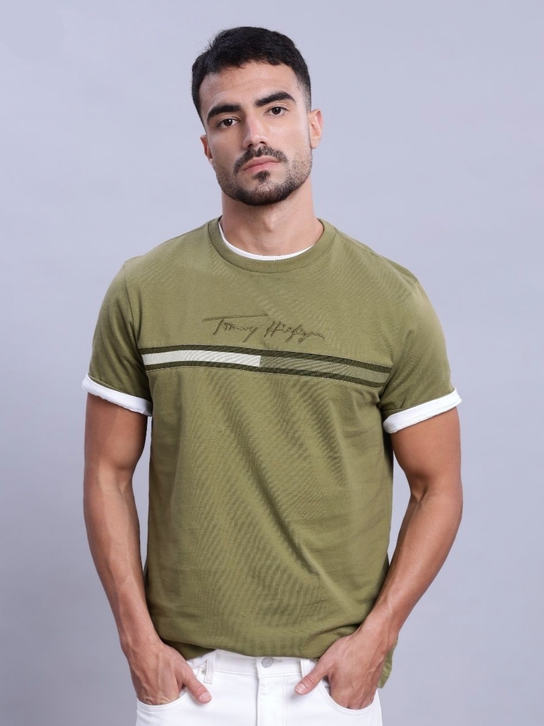 

Tommy Hilfiger Men Brand Logo Printed Pure Cotton T-shirt, Olive