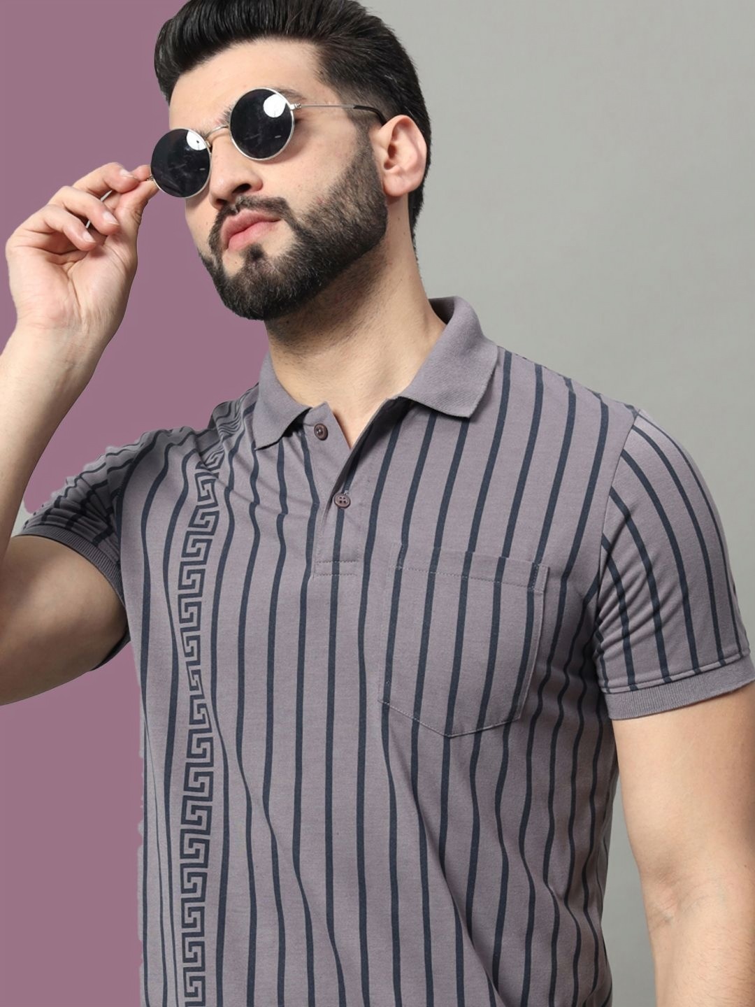 

OGEN Men Striped Polo Collar Pockets T-shirt, Lavender