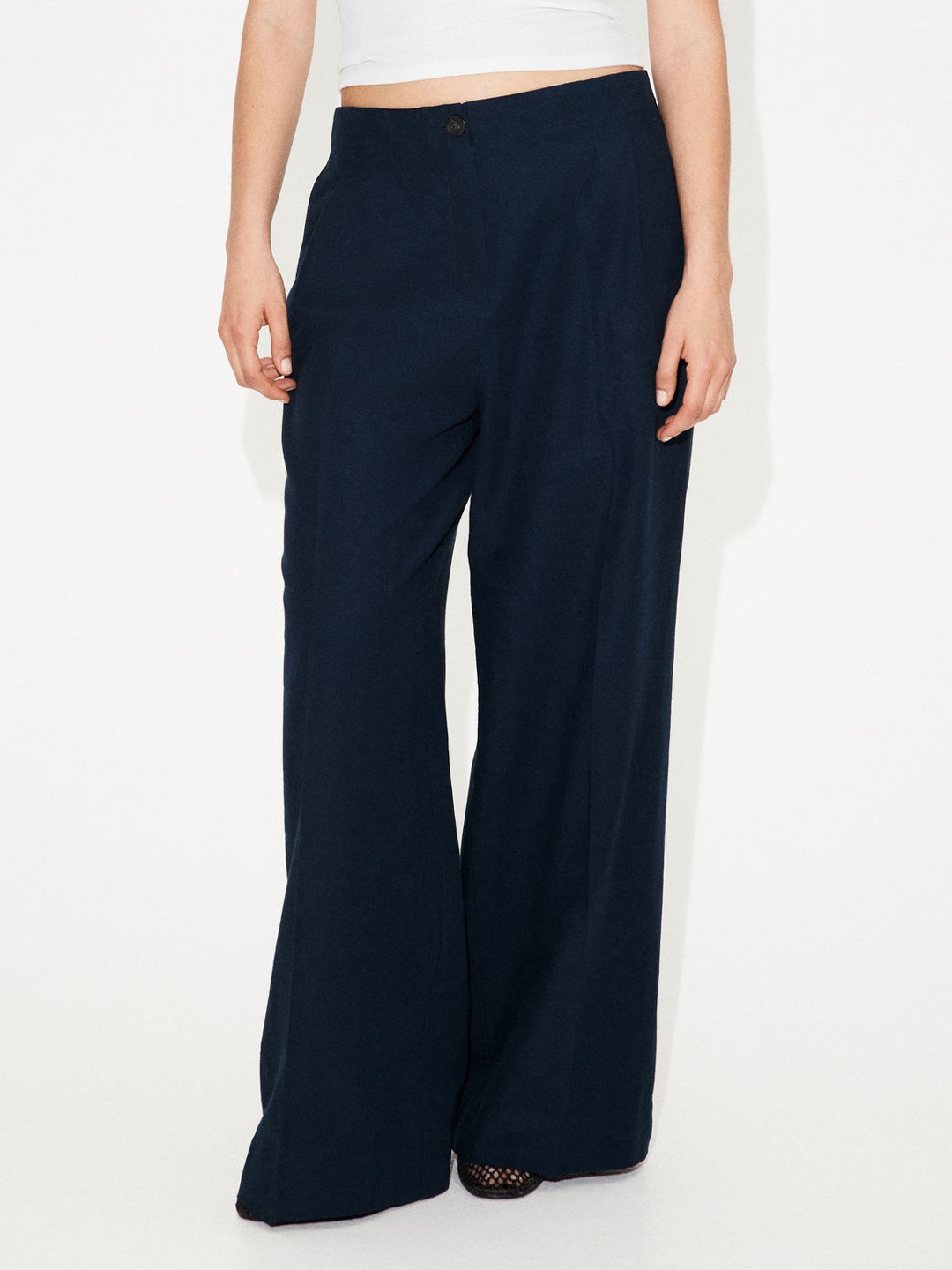 

H&M Wide Linen-Blend Trousers, Blue