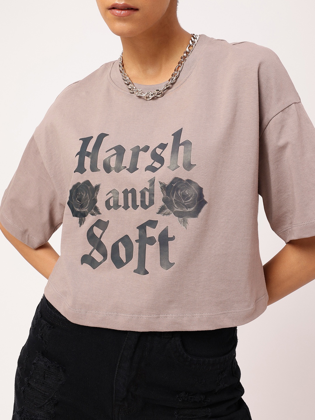 

Grunge or Gentle Typography Printed Boxy Fit Crop T-shirt, Grey