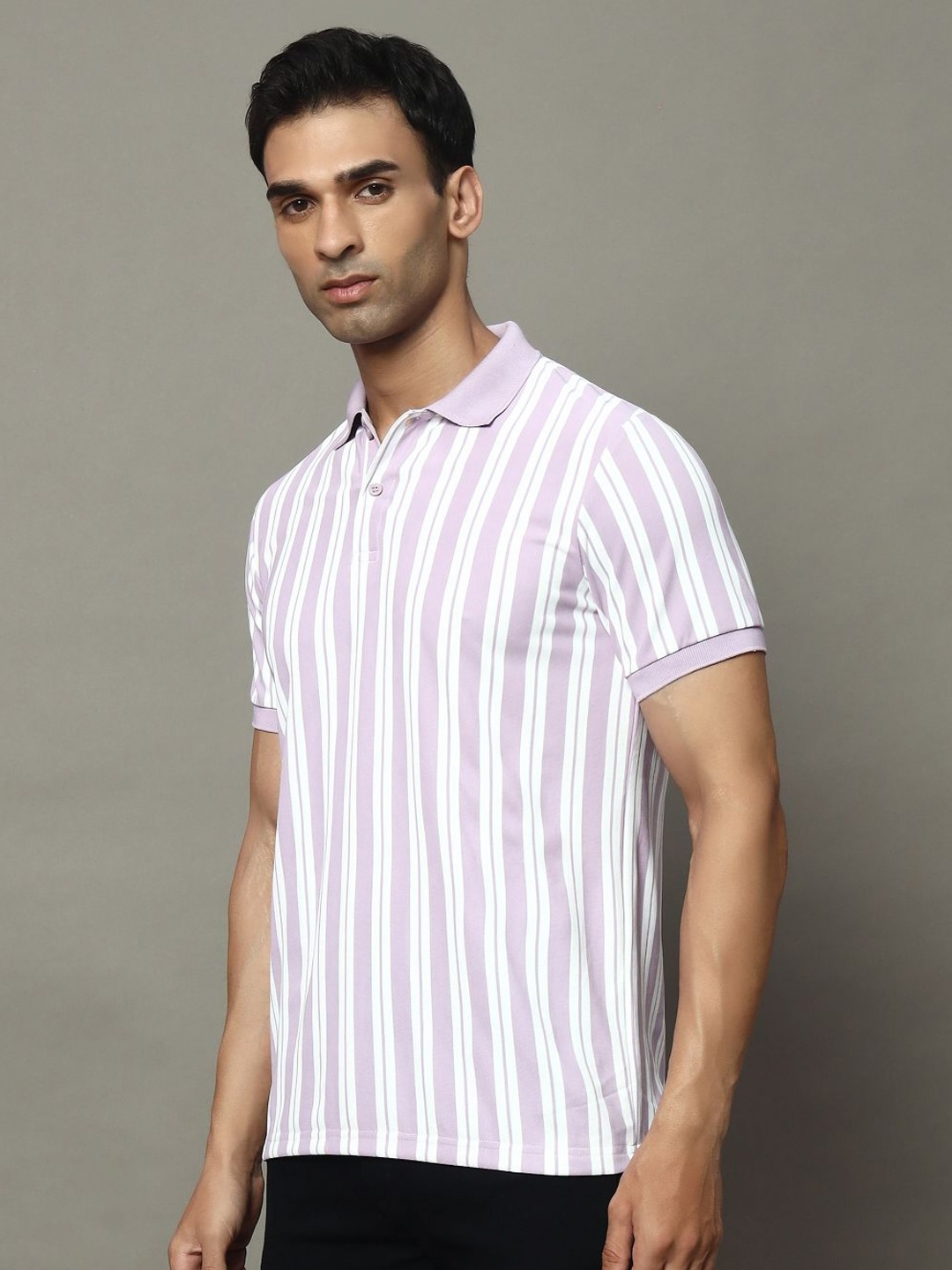 

OGEN Men Striped Polo Collar Raw Edge T-shirt, Lavender