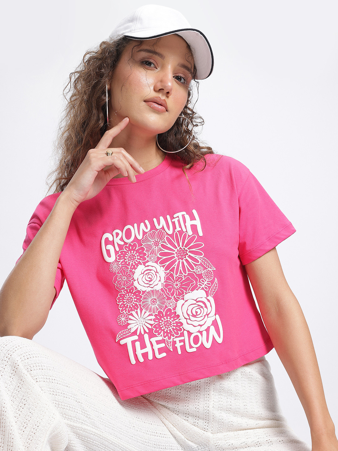 

glitchez Flaunting Florals Drop-Shoulder Sleeves Crop Boxy T-shirt, Pink