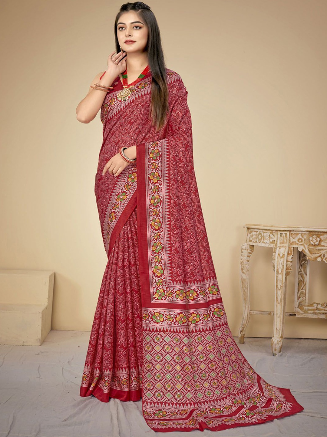 

Anouk Rustic Bandhani Silk Blend Bagh Saree, Red