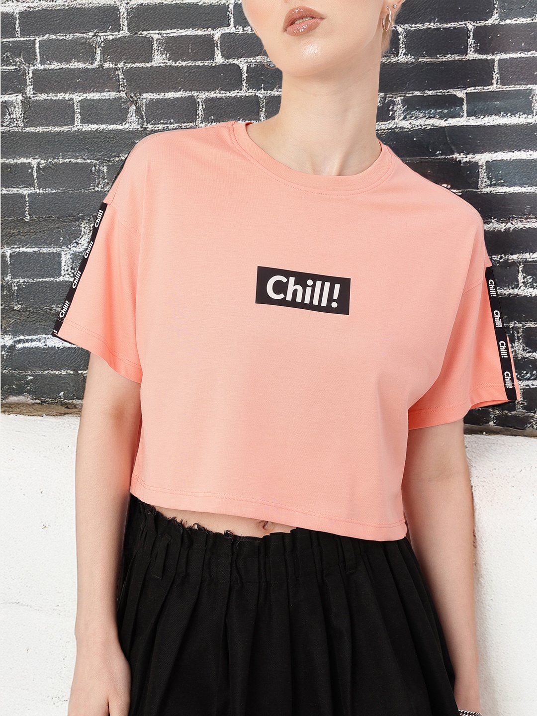 

DressBerry Soft Grunge Chill Vibes Typography Printed Boxy Crop T-shirt, Pink