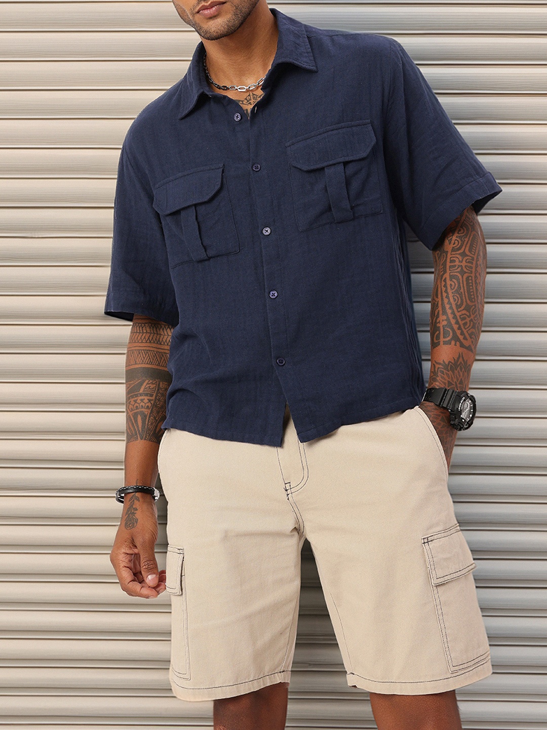 

Kook N Keech Urban Utility Drop-Shoulder Relaxed Fit Shirt, Navy blue