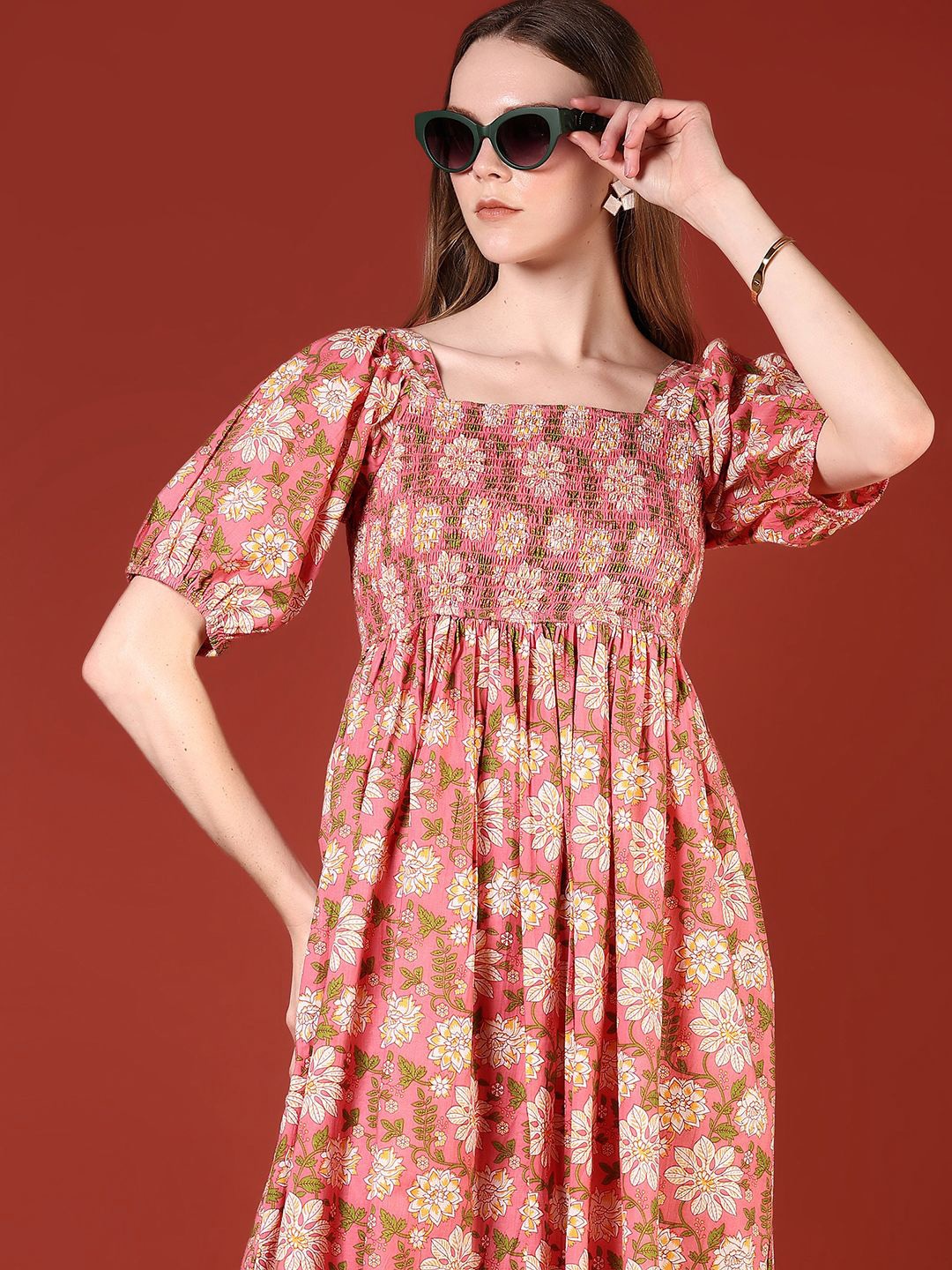 

V-Mart Floral Print Empire Midi Dress, Pink