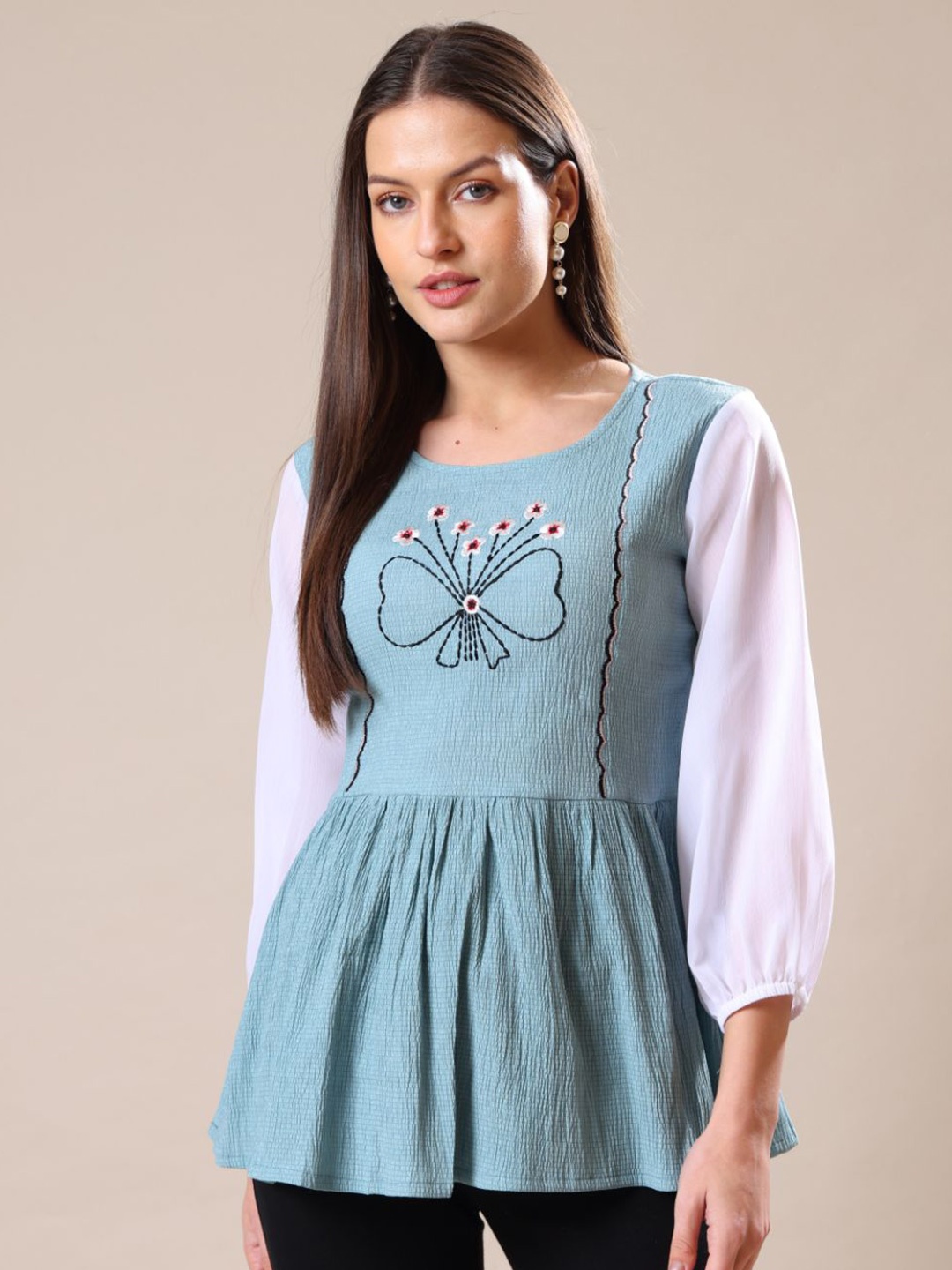 

Kinjo Embroidered Crepe Top, Turquoise blue