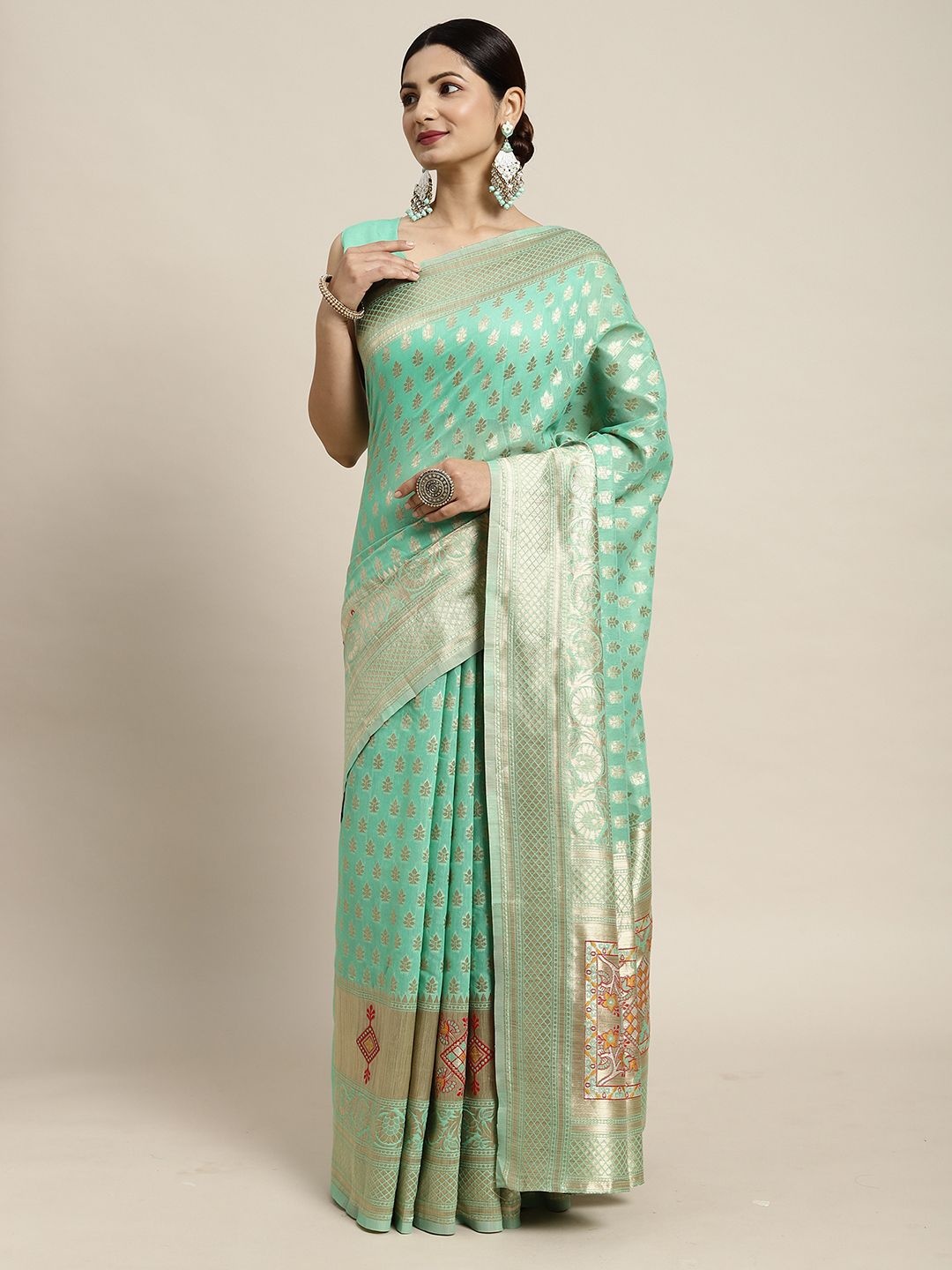 

Mitera Paisley Zari Silk Cotton Banarasi Saree, Green