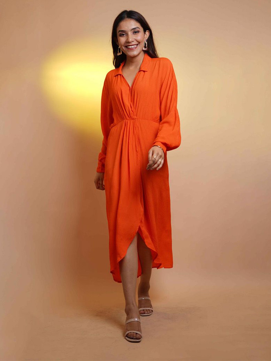 

Shades of Sabi Solid Orange Shirt Collar Wrap Midi Dress