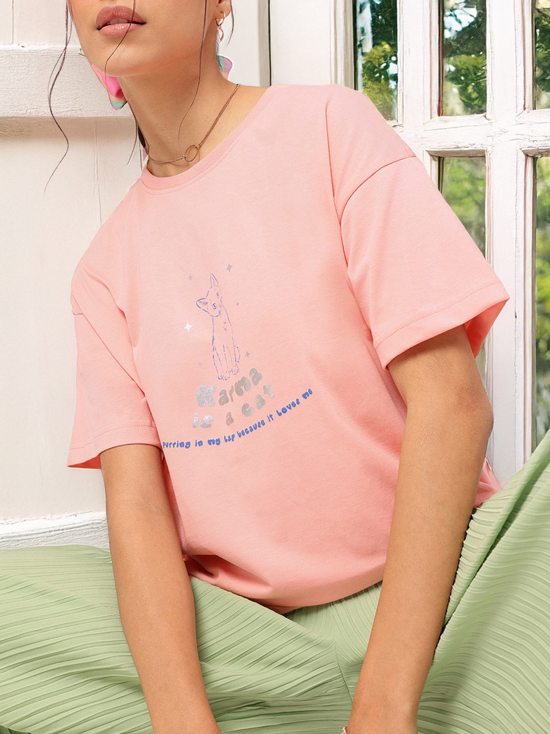 

DressBerry Quirk & Chuckle Slang-Print Drop Sleeves Relaxed Tee, Peach