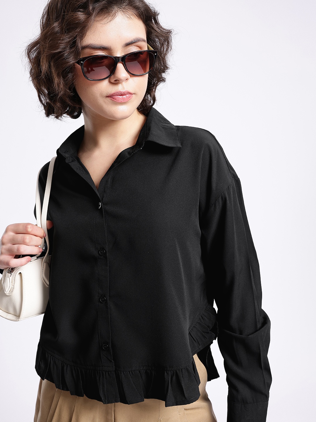 

glitchez Classic Chic Gathers High Low Hem Relaxed Fit Shirt, Black