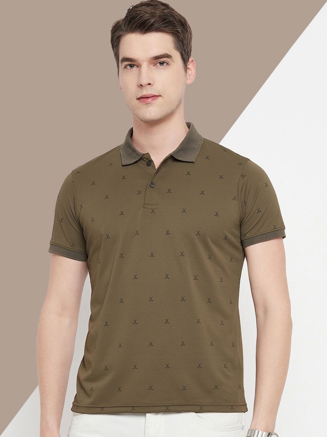 

OGEN Men Printed Polo Collar Extended Sleeves Pockets T-shirt, Olive