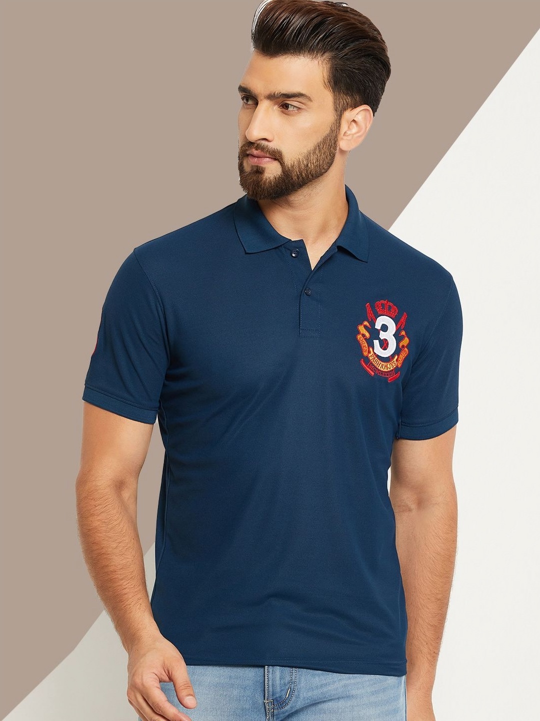 

OGEN Men Polo Collar Applique T-shirt, Navy blue