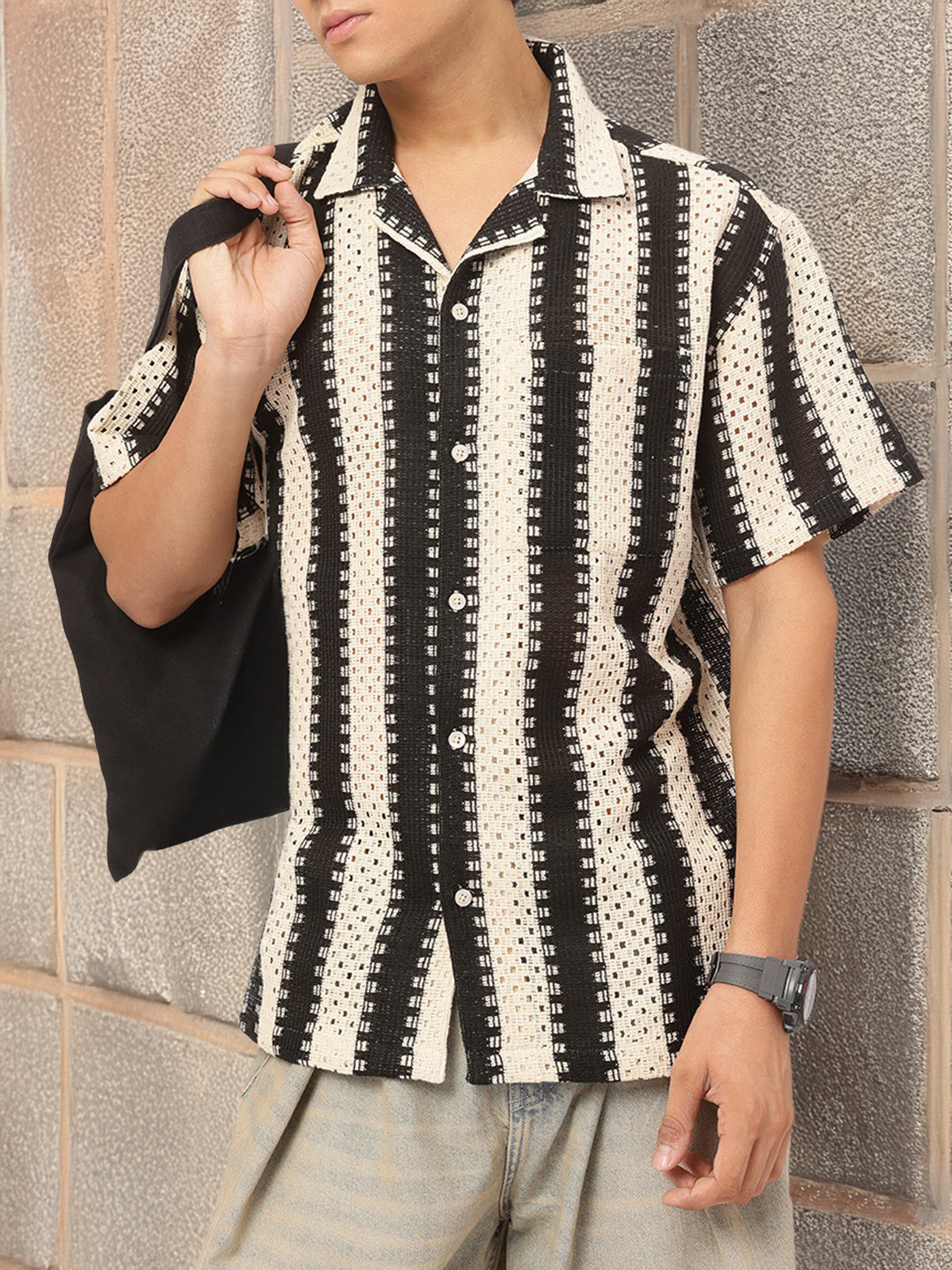 

Kook N Keech Mono Stripes Crochet Relaxed Shirt, Off white