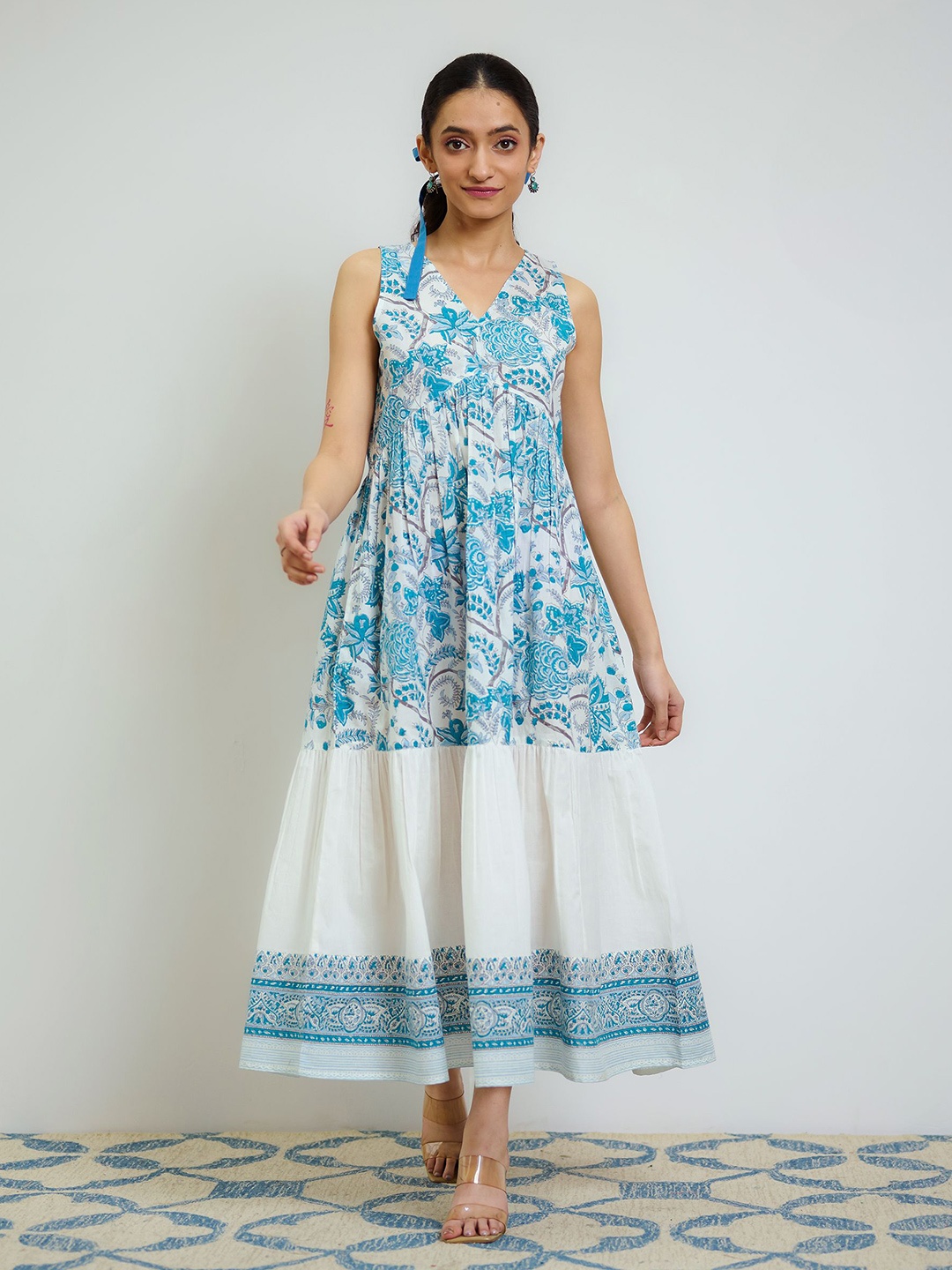 

Rustorange Women Ocean Blue Sanganeri Printed Cotton Tier Dress