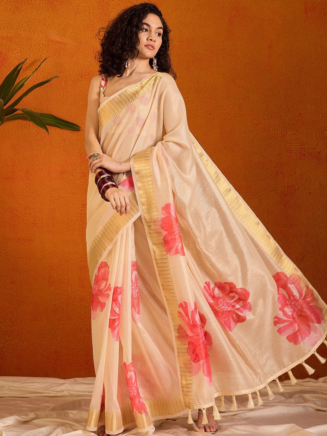 

Anouk Rustic Floral Zari Organza Sungudi Saree, Beige