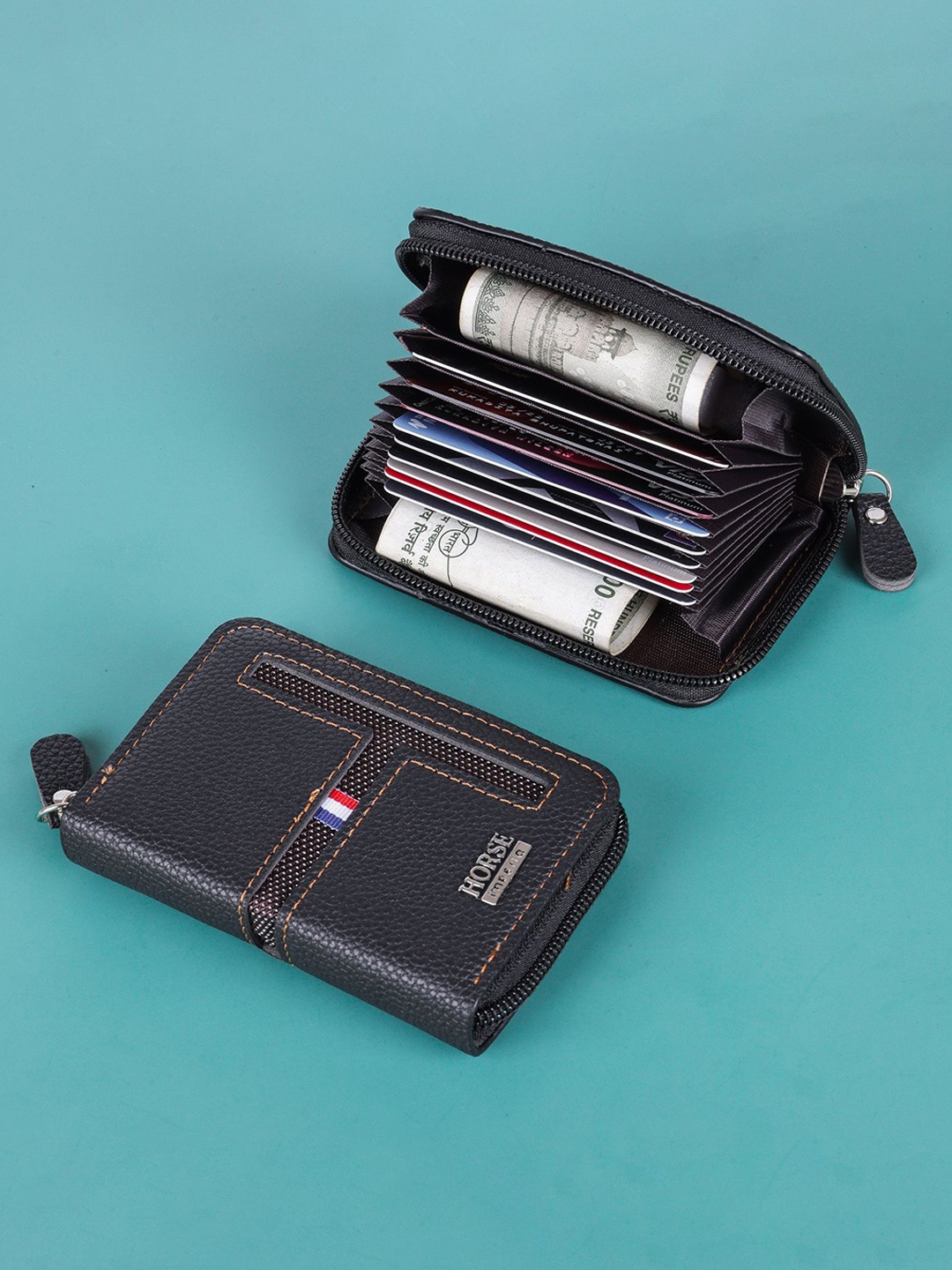 

WATCHSTAR Men Textured Zip Detail Leather Card Holder, Black