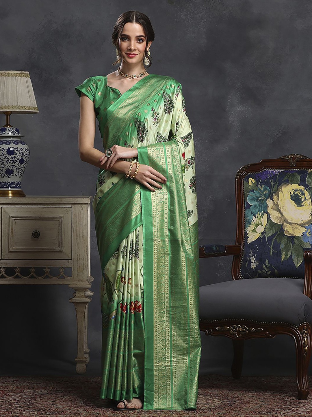 

Anouk Rustic Kalamkari Silk Blend Designer Bagh Saree, Green