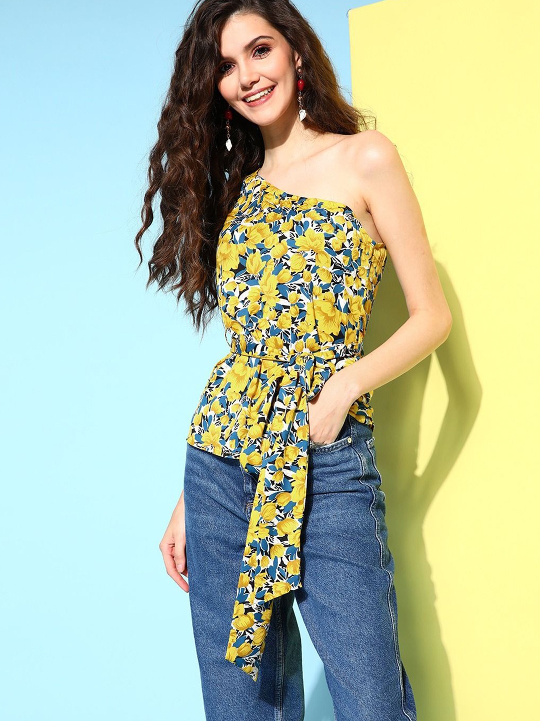

Berrylush Floral Print One Shoulder Puff Sleeve Peplum Top, Yellow