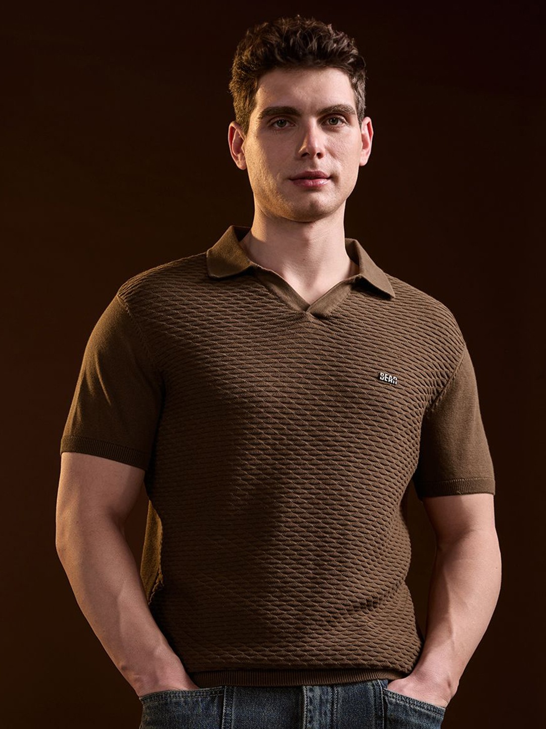 

THE BEAR HOUSE Men Polo Collar Slim Fit T-shirt, Brown