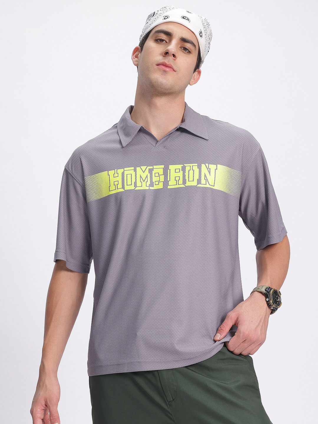 

glitchez Textured Tales Typography Polo Collar Relaxed T-shirt, Grey
