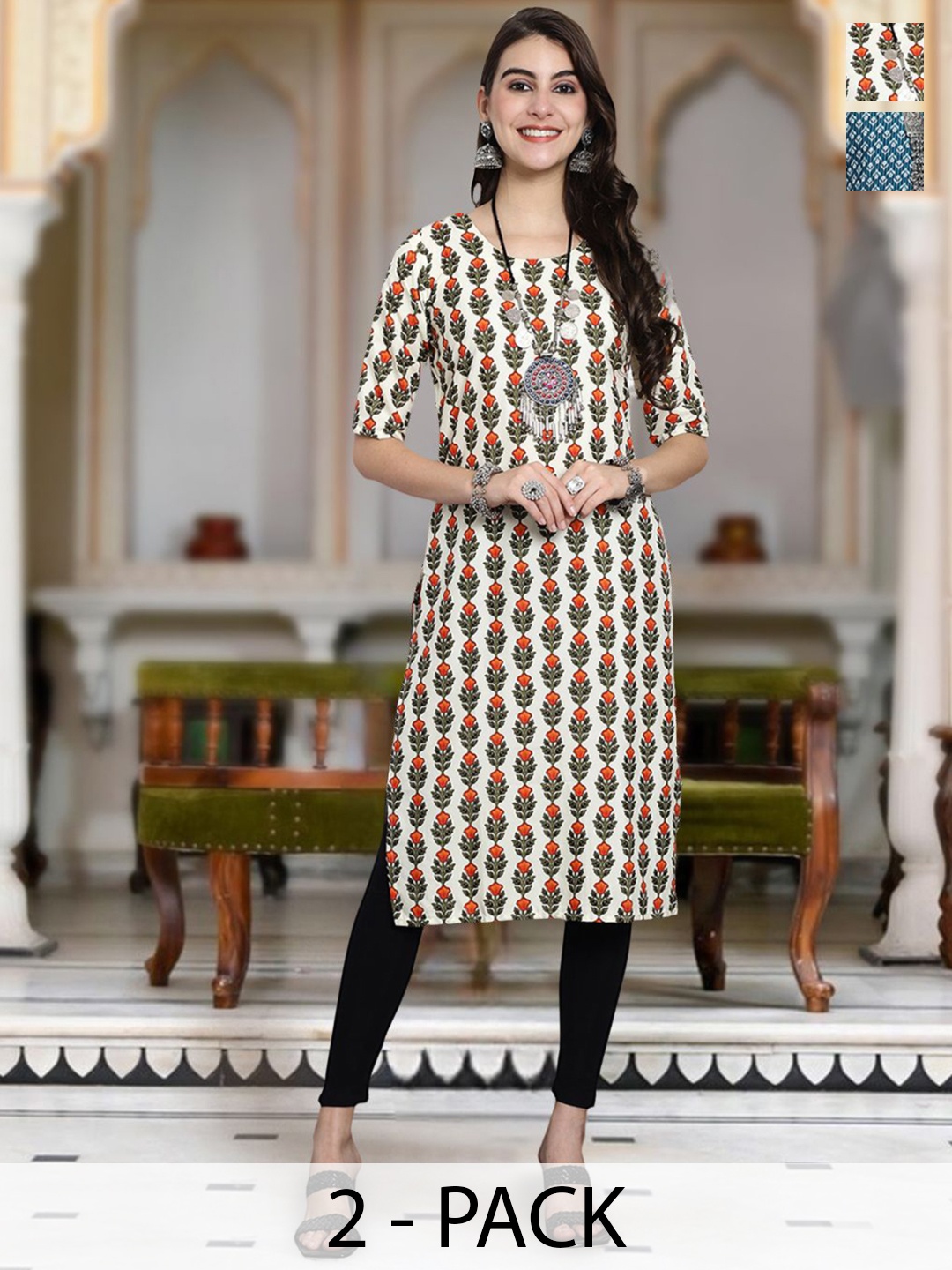 

Moda Rapido Selection Of 2 Floral Printed Round Neck Straight Kurta, Cream