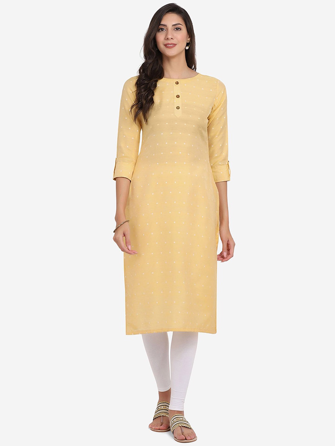 

DIVASTRI Geometric Printed Round Neck Cotton Straight Kurta, Yellow