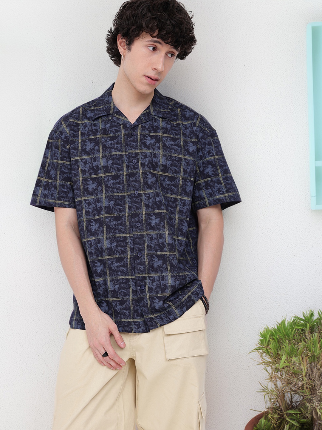 

Kook N Keech Modern Edge Checked Cuban Collar Casual Relaxed Shirt, Navy blue