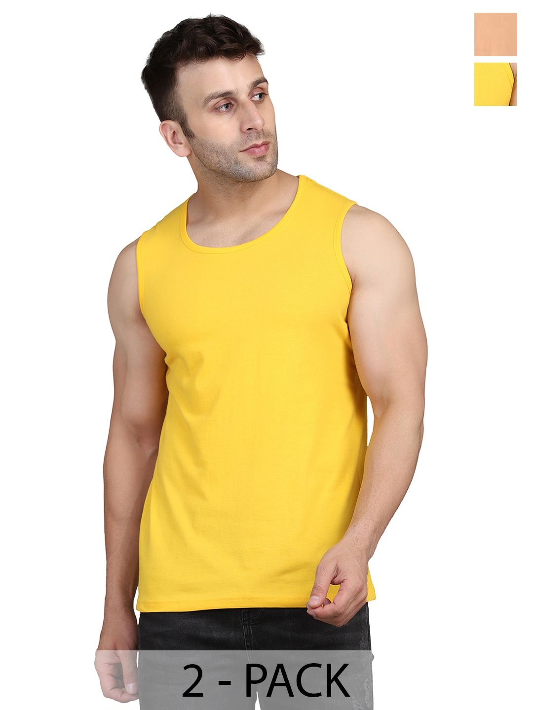 

WOOSTRO Men Pack Of 2 Solid Slim Fit Cotton T-shirt, Yellow