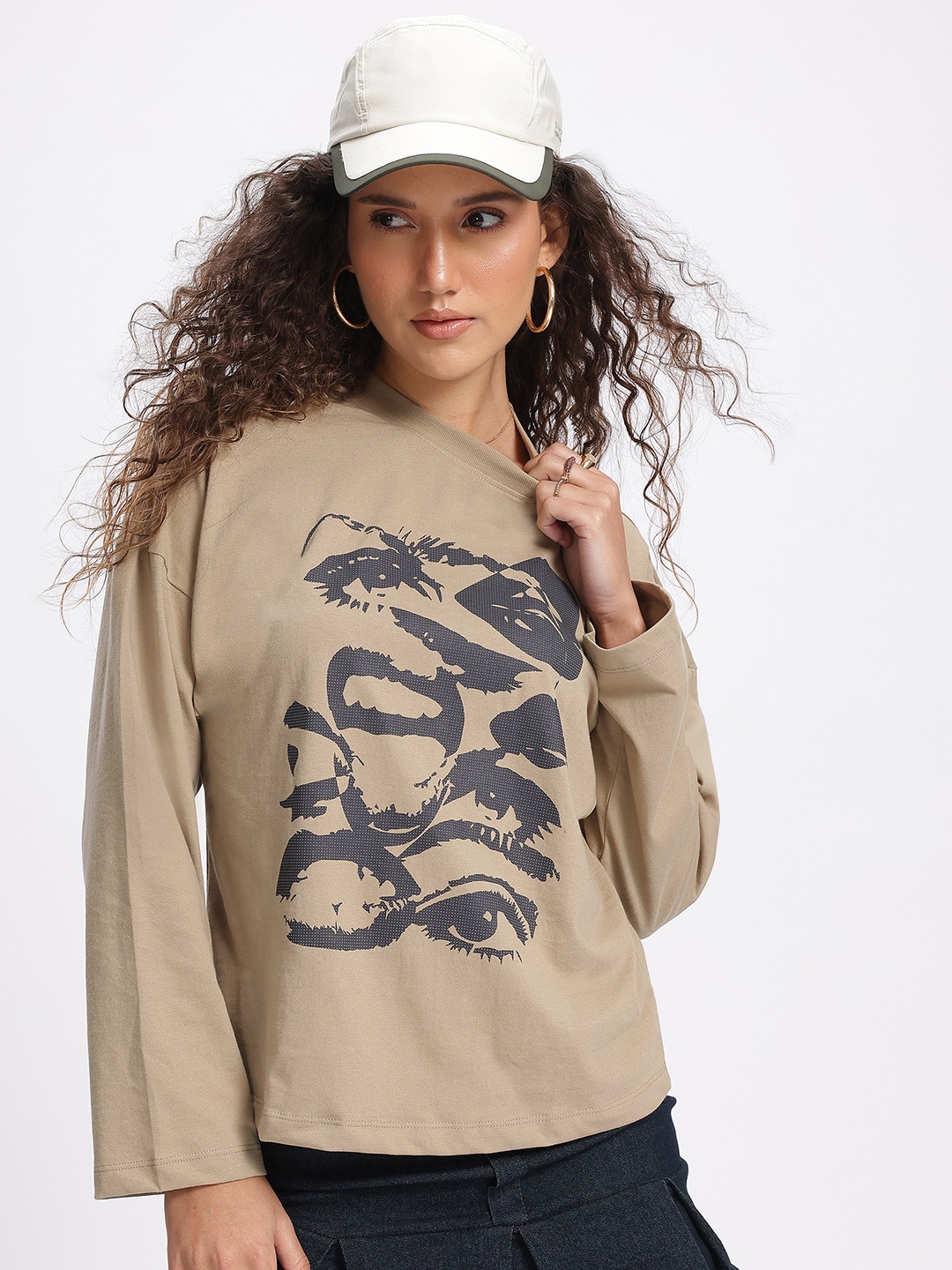 

glitchez Graphic Grooves Drop-Shoulder Sleeves Oversized T-shirt, Olive