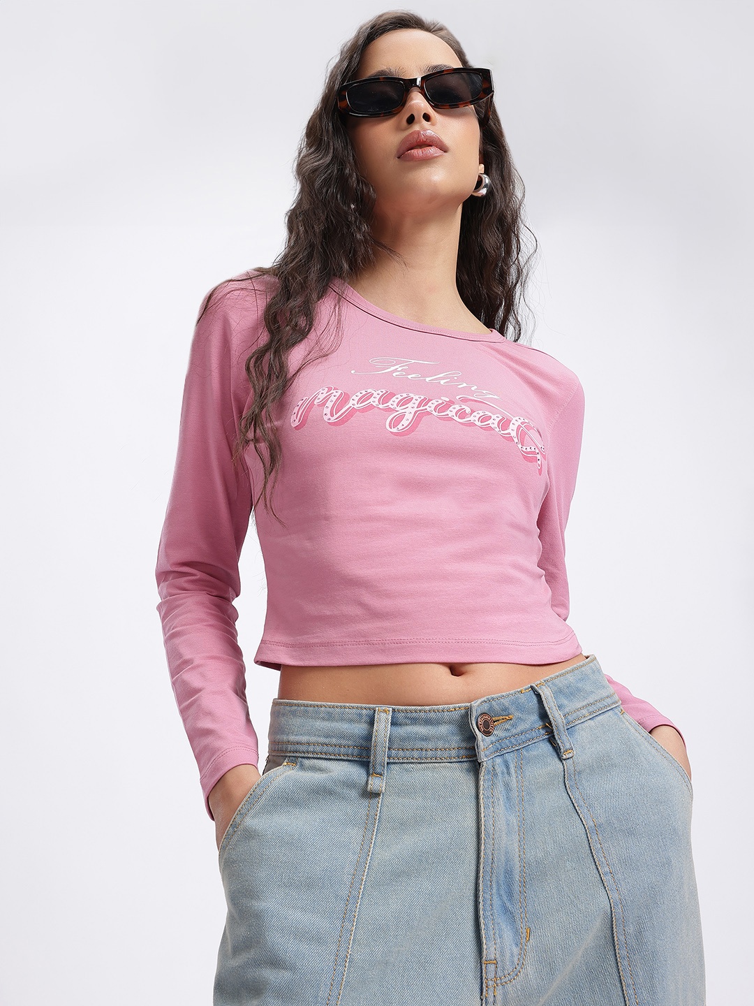 

glitchez Manifest Magic Printed Slim Fit Crop T-shirt, Pink