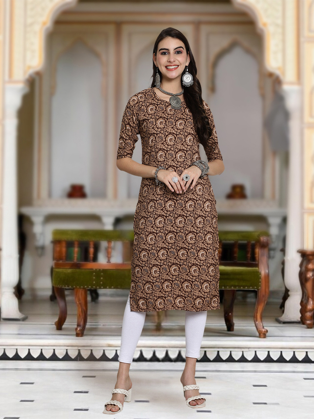 

Moda Rapido Floral Printed Round Neck Straight Kurta, Beige