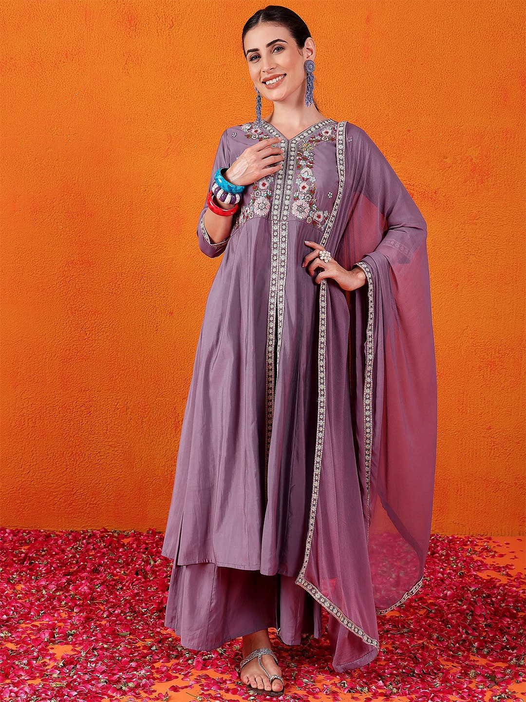

Sangria Embroidered V-Neck Kurta, Palazzo & Dupatta Set, Pink