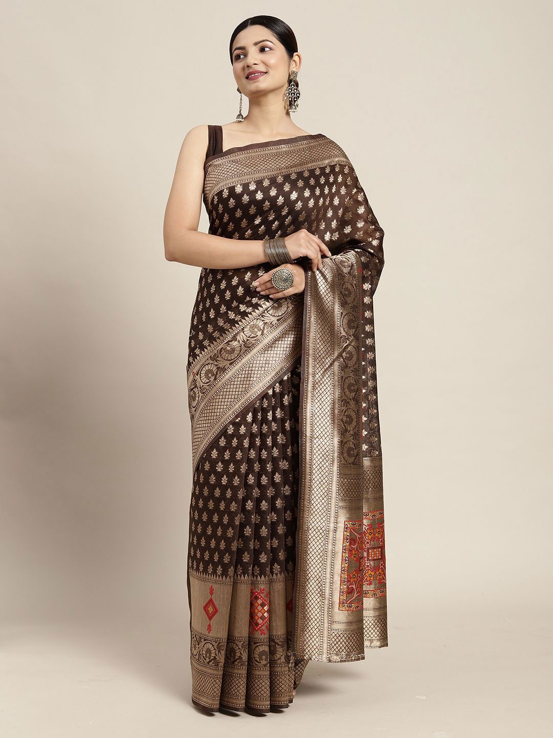

Anouk Rustic Woven Design Zari Silk Cotton Banarasi Saree, Brown