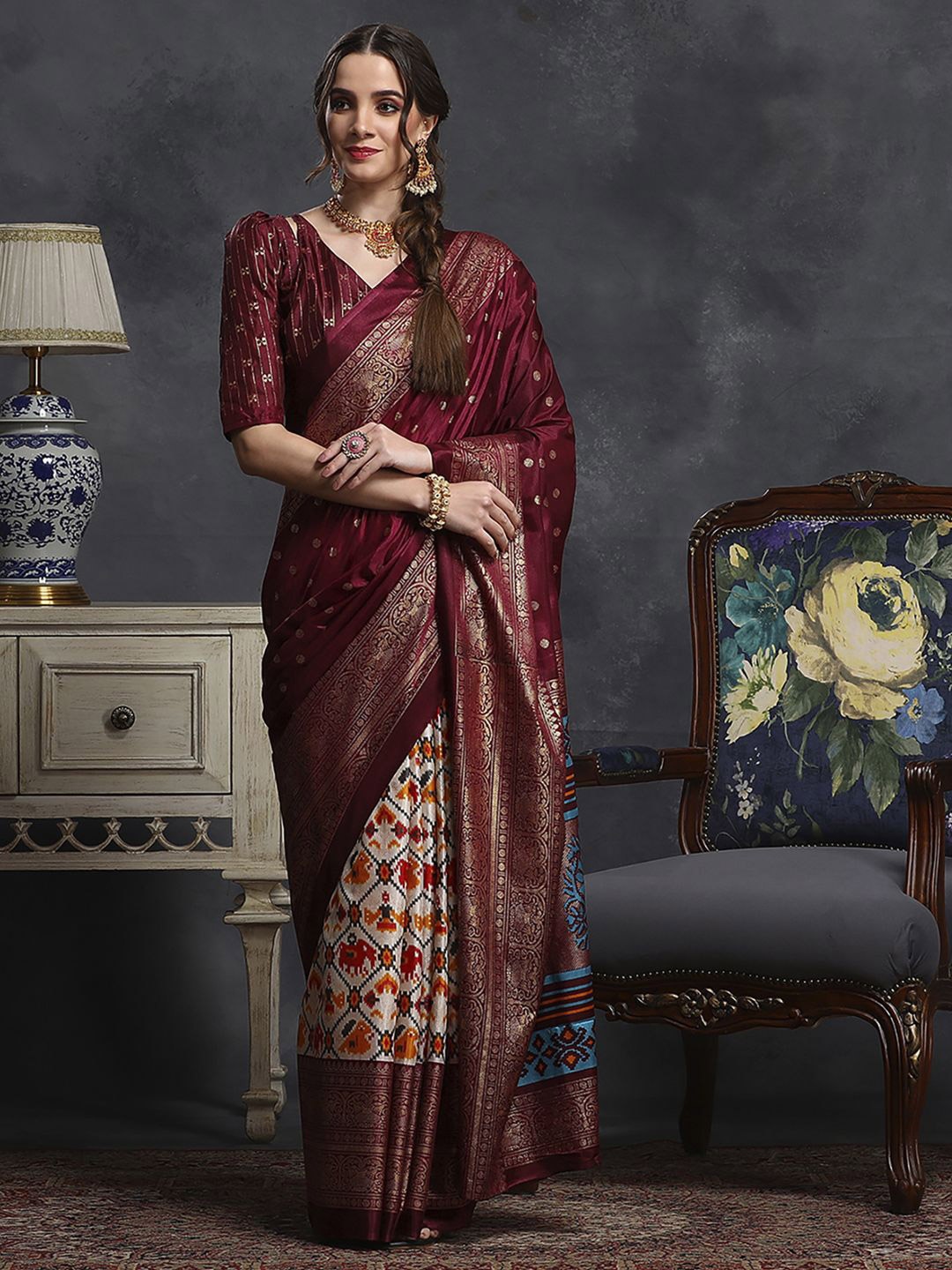 

Mitera Ethnic Motifs Zari Silk Blend Ikat Saree, Maroon