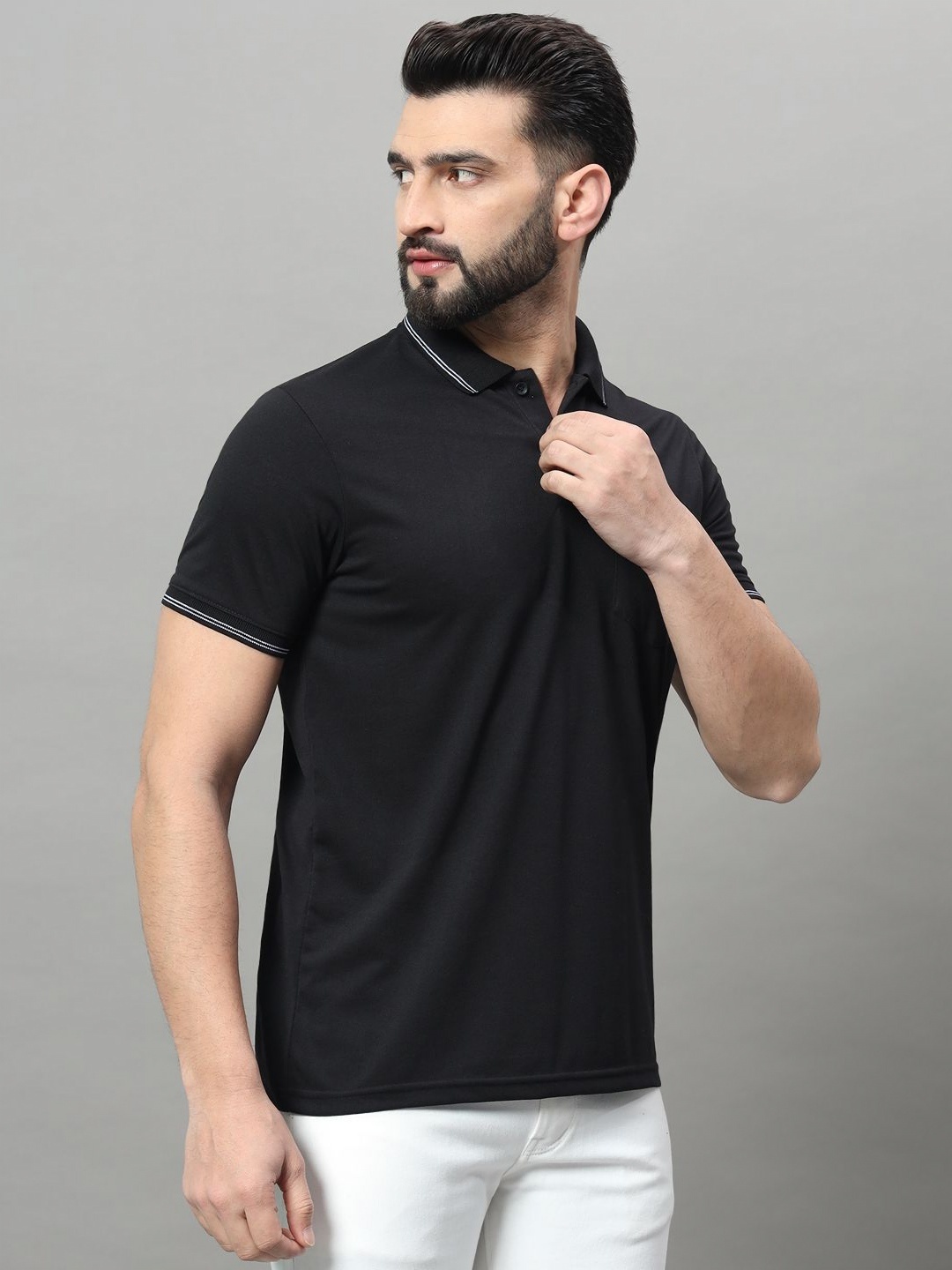 

OGEN Men Polo Collar Pockets T-shirt, Black