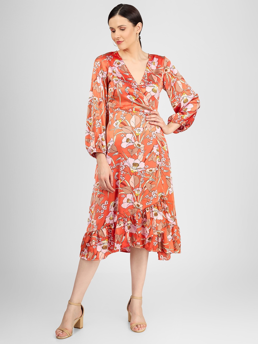 

MISS HAUTE Floral Print Puff Sleeve Georgette Midi Dress, White