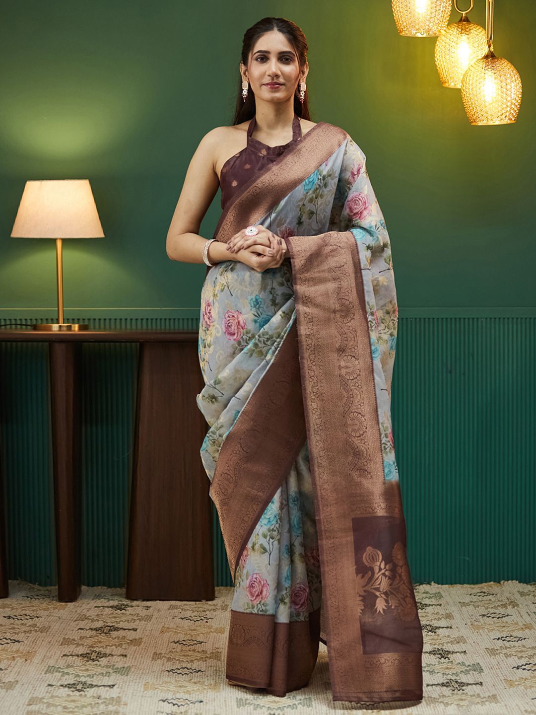 

all about you Floral Zari Silk Blend Saree, Brown