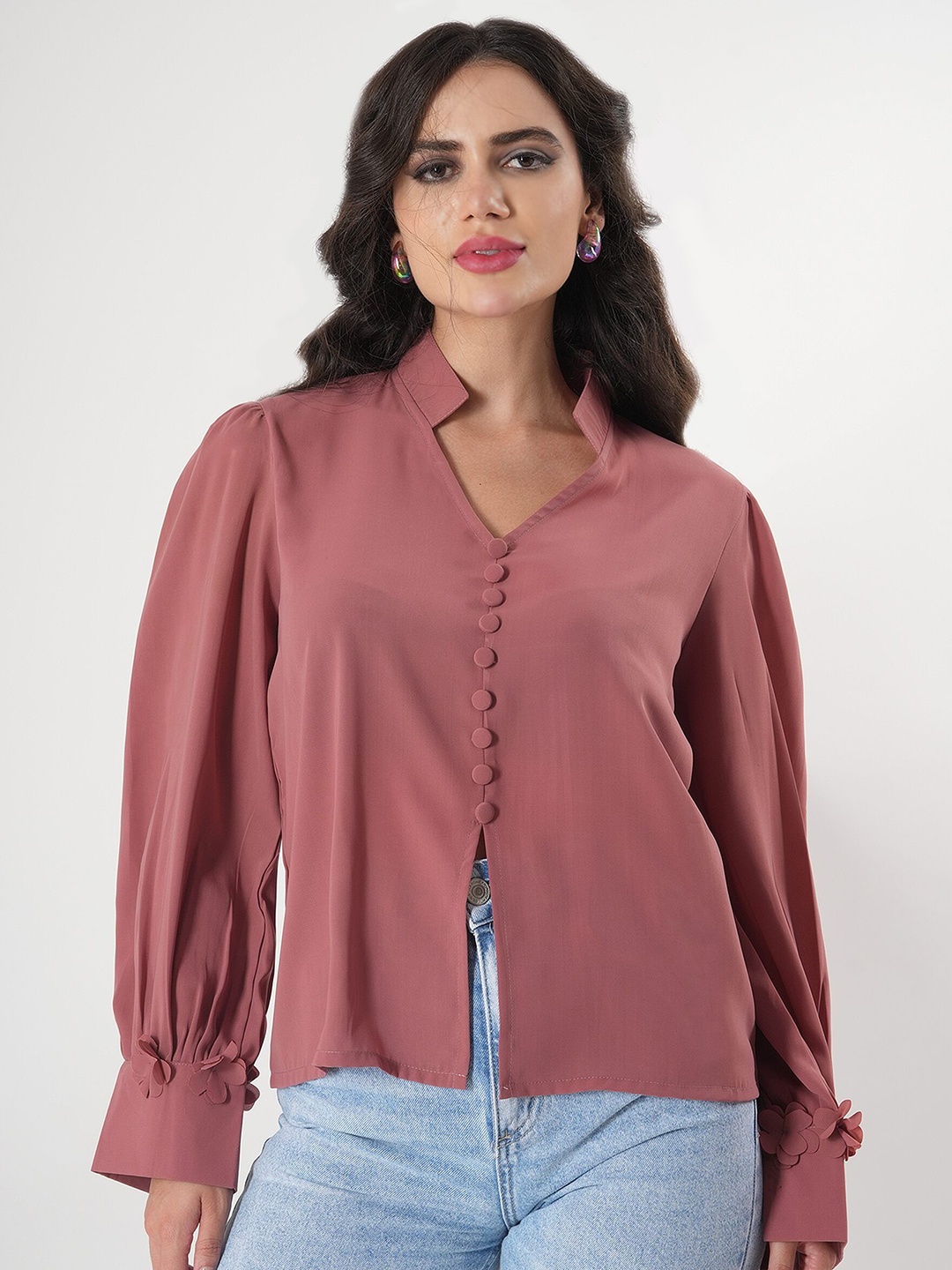 

clobug Mandarin Collar Crepe Top, Pink