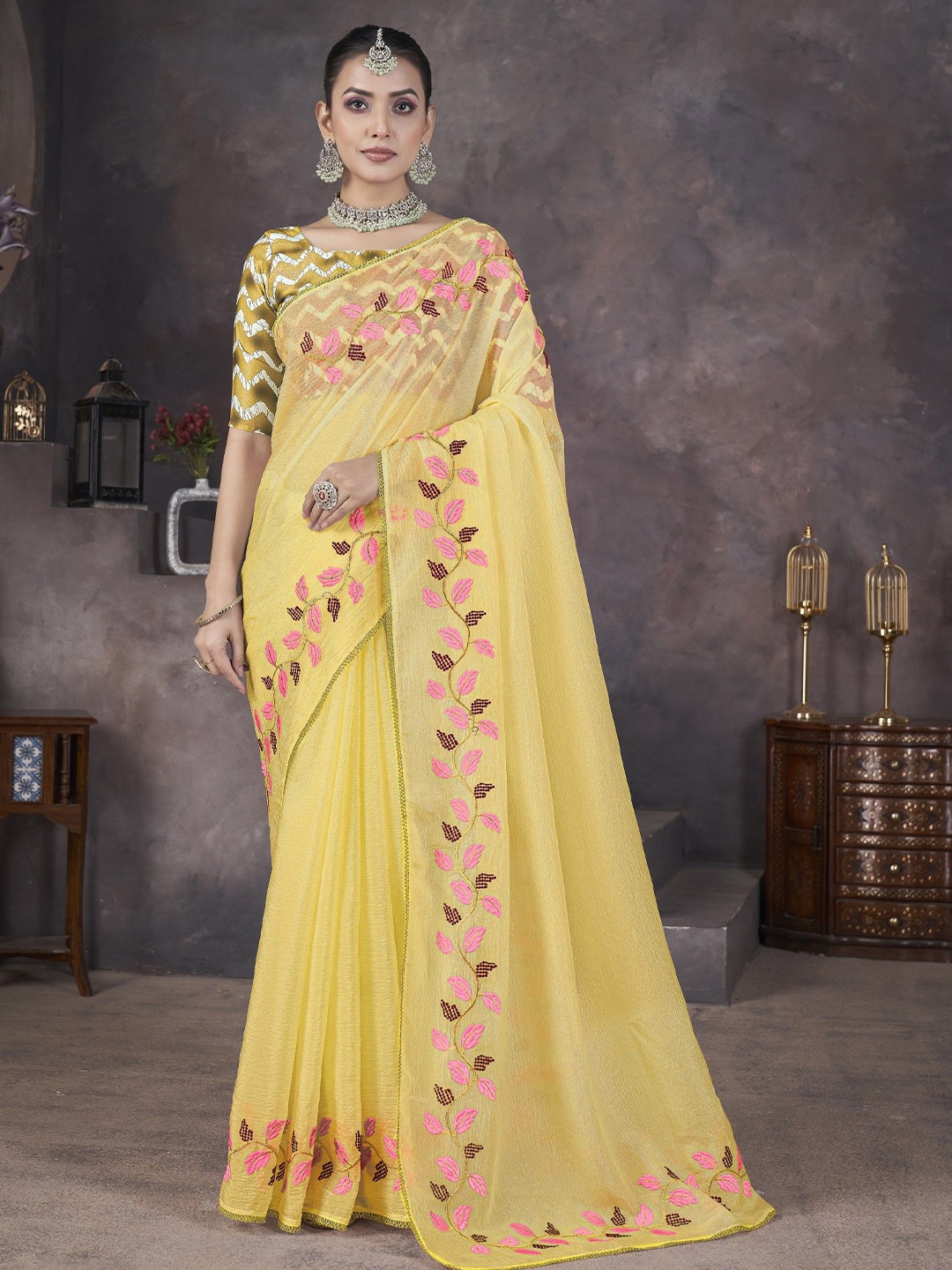 

Panzora Embroidered Poly Georgette Saree, Yellow