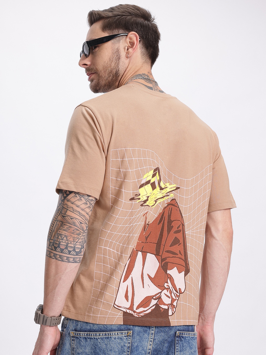 

glitchez Graphic Play Printed Oversized T-shirt, Brown