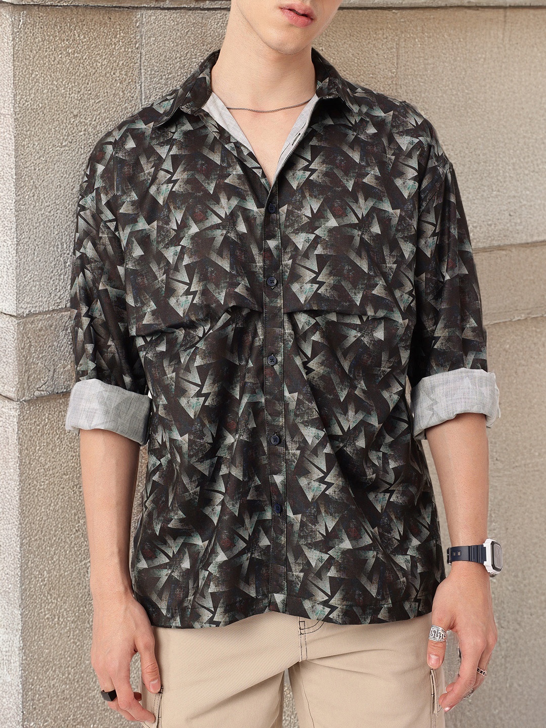 

Kook N Keech Indie Geometric Course Collide Relaxed Fit Printed Shirt, Charcoal