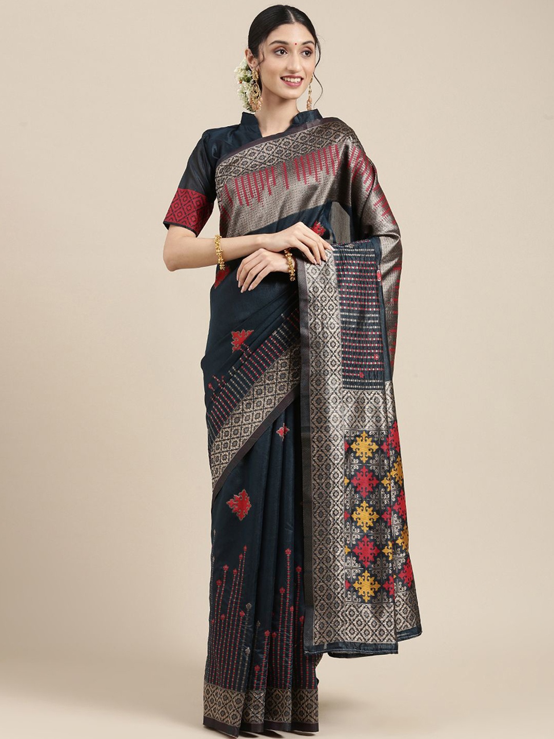 

Anouk Rustic Woven Design Zari Silk Blend Banarasi Saree, Teal