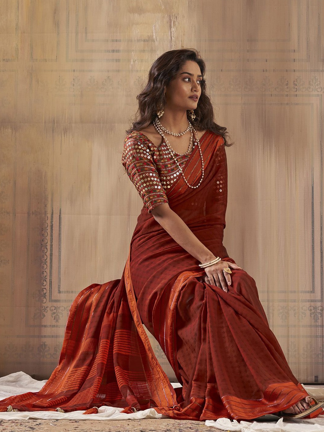 

Anouk Rustic Striped Poly Georgette Saree, Rust
