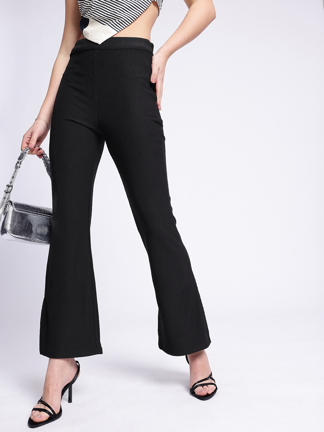 

glitchez Women Effortlessly Cool Ribbed Side Slit Flared Trousers, Black