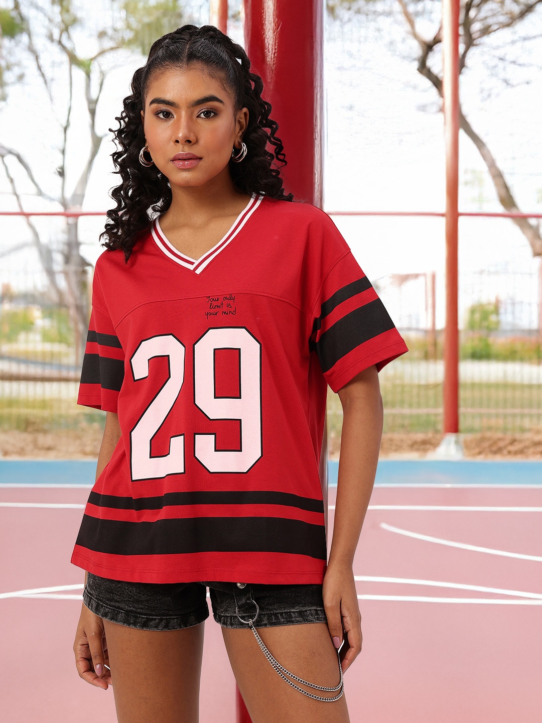 

DressBerry Campus Chic Printed Oversized Tshirts, Red