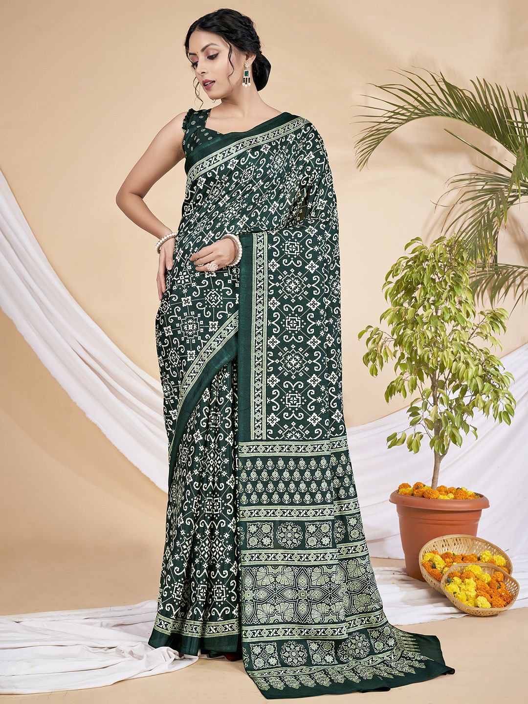 

Anouk Rustic Ajrak Block Silk Blend Block Print Saree, Green