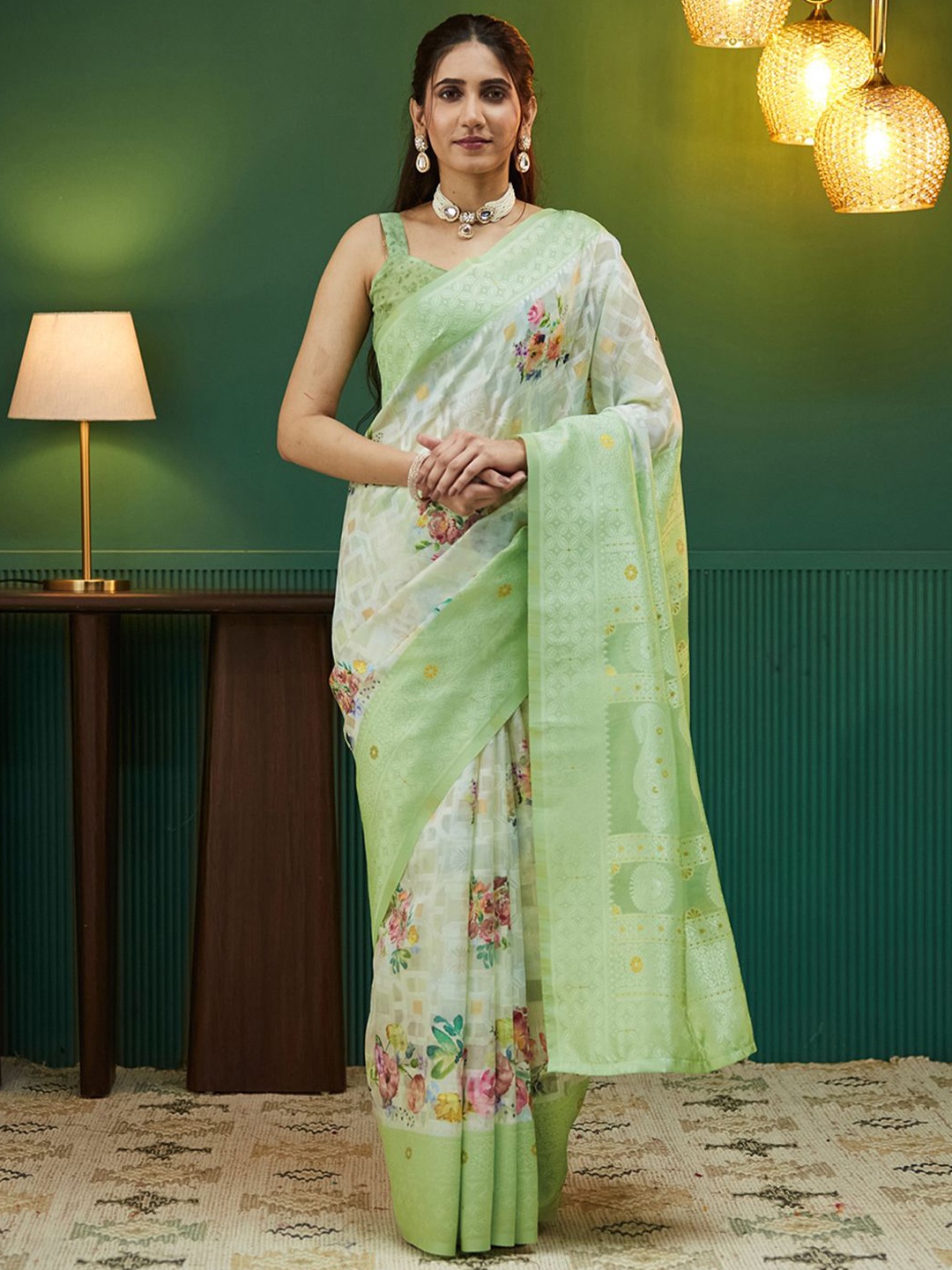 

all about you Floral Zari Silk Blend Saree, Green