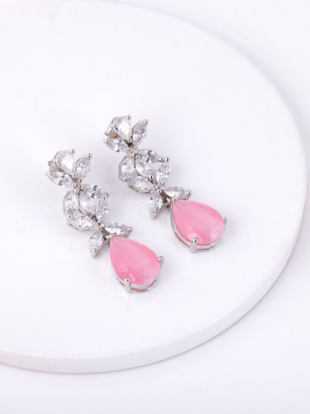 

GIVA Silver Rhodium-Plated Zircon Stone Studded Teardrop Shaped Drop Earrings